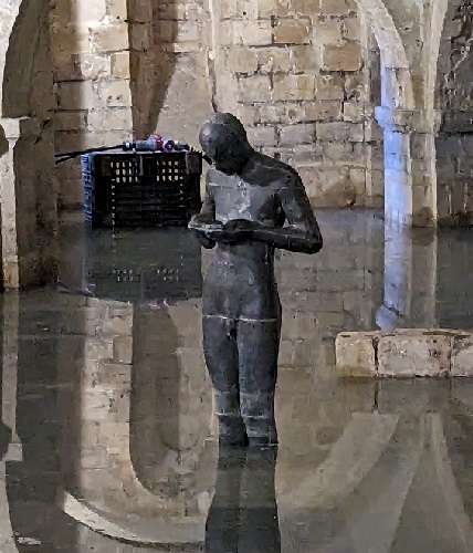 Statue of male figure standing in water
